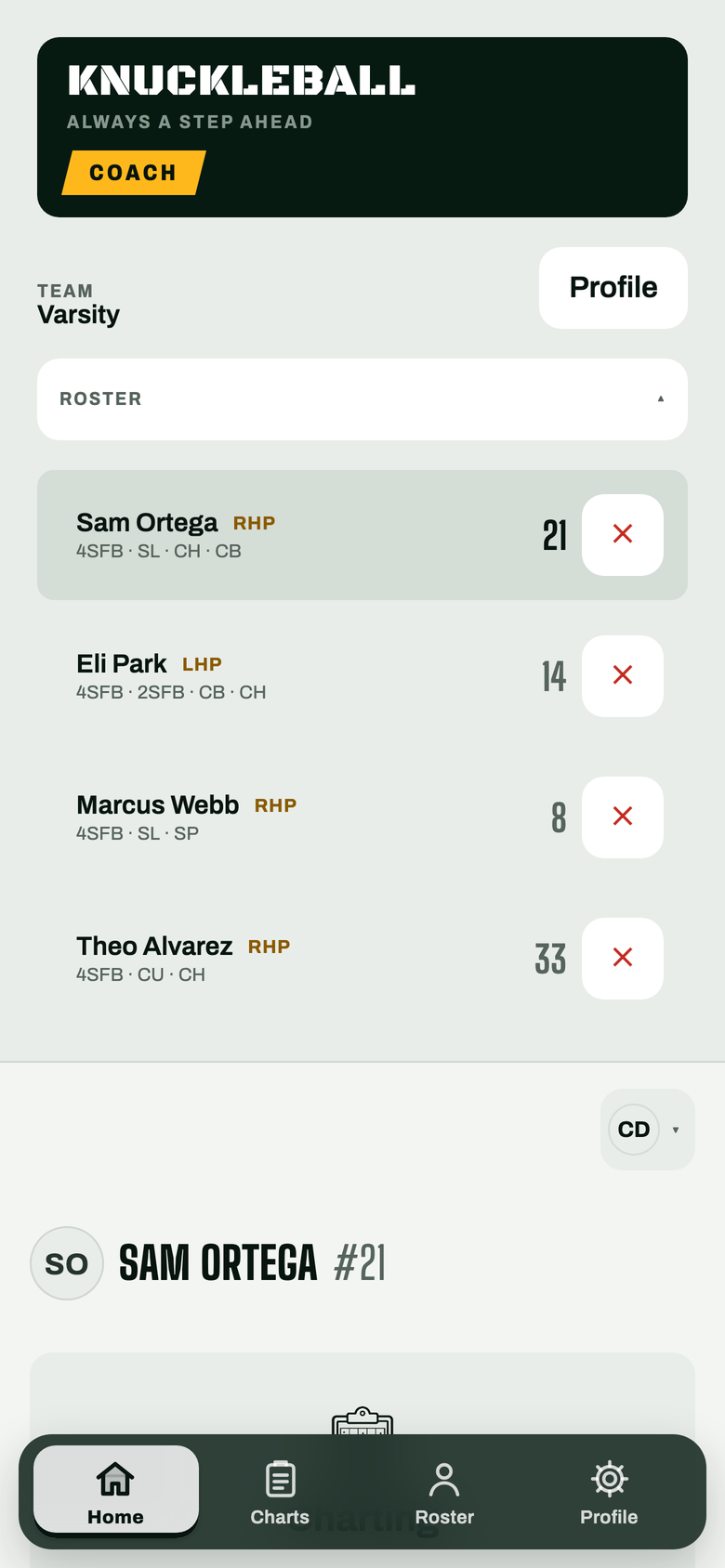 The coach Home screen: team Varsity and its roster of four pitchers with numbers and pitch types
